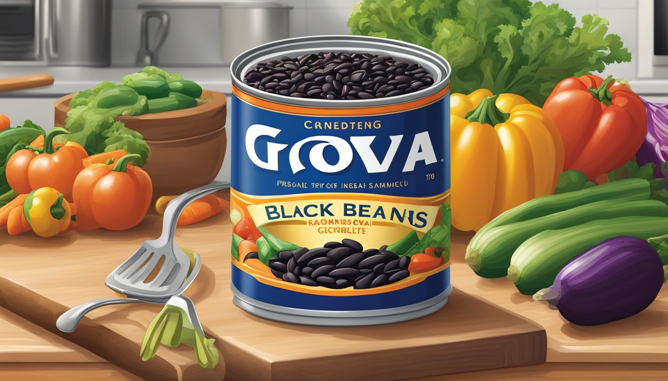 A can of Goya black beans sits on a kitchen counter, surrounded by colorful vegetables and cooking utensils