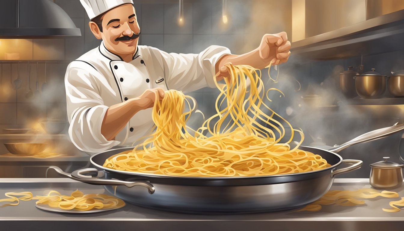 A chef twirls golden tagliatelle in a steaming pot, then elegantly plates the pasta with a drizzle of rich, savory sauce