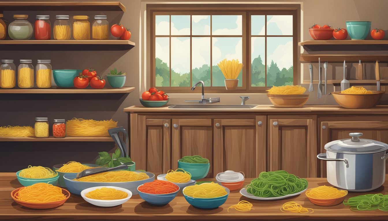 A rustic kitchen with shelves of colorful pasta packages, a chef's knife, and a bowl of fresh tomatoes