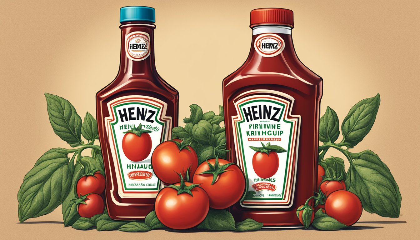 A vintage Heinz ketchup bottle surrounded by ripe tomatoes and the iconic Heinz logo