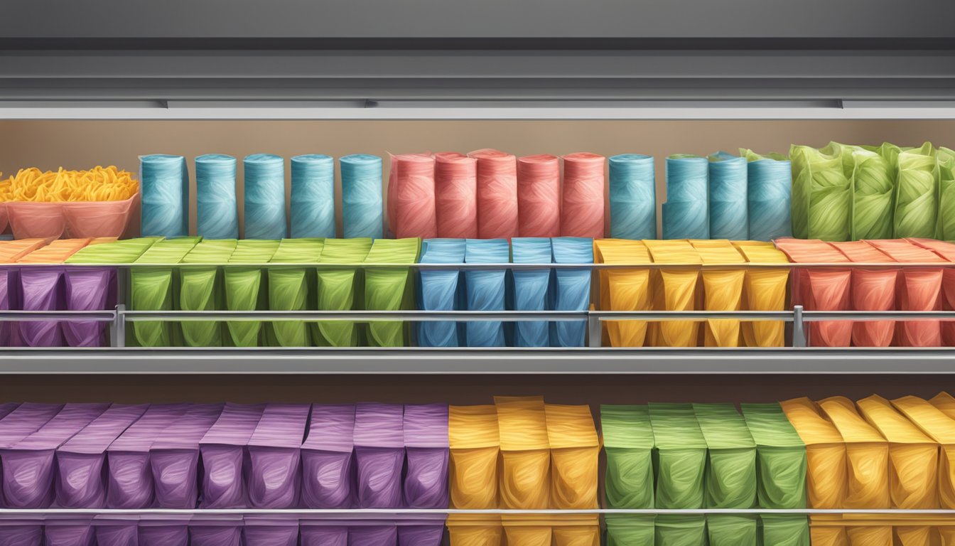 A row of colorful tagliatelle pasta packages on a well-lit grocery store shelf