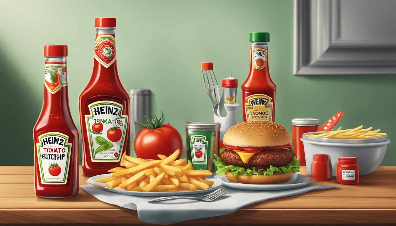 A bottle of Heinz tomato ketchup on a table with a plate of fries and a burger, surrounded by condiment bottles and utensils