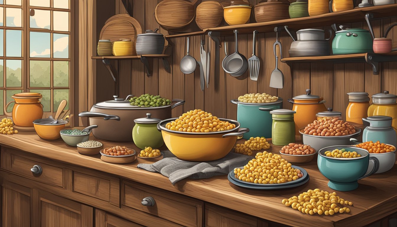 A rustic kitchen setting with an assortment of colorful cavatappi pasta brands displayed on a wooden table, surrounded by vintage cooking utensils and Italian-themed decor