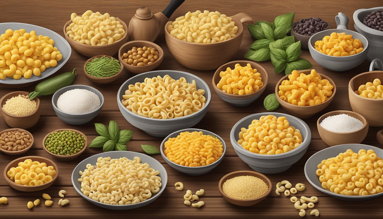 A variety of high-quality cavatappi brands displayed on a wooden table with a backdrop of rustic kitchen utensils and ingredients