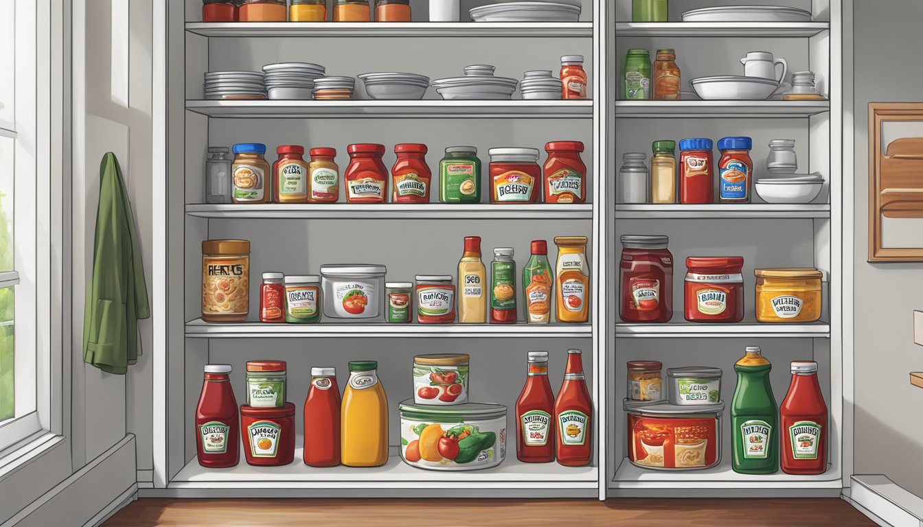 A bottle of Heinz tomato ketchup sits on a clean, white kitchen counter next to a neatly organized pantry shelf filled with other condiments and food items