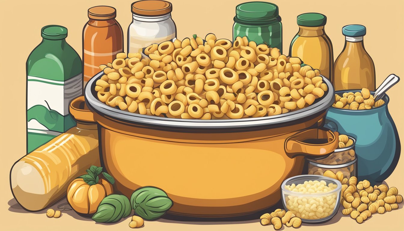 A steaming pot of cavatappi pasta surrounded by various brands of cavatappi pasta boxes and ingredients