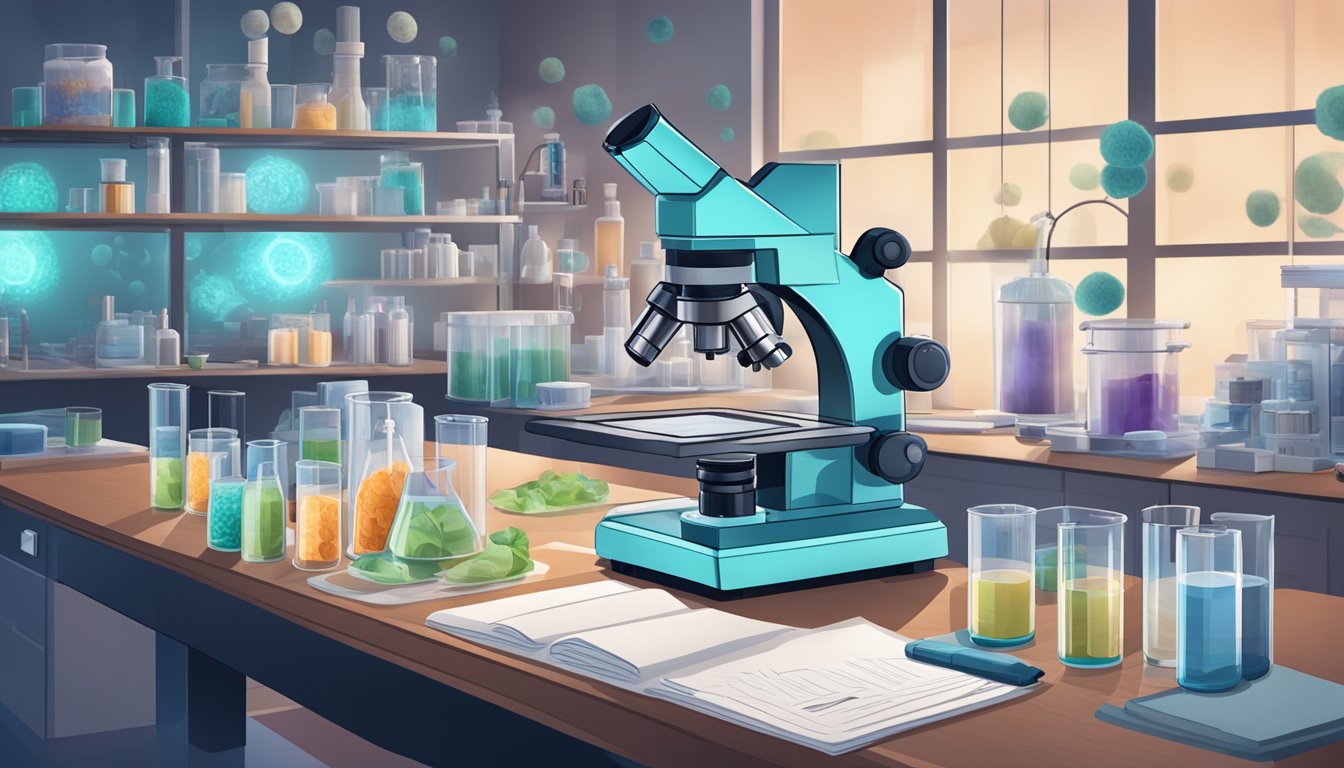 A lab setting with cells undergoing autophagy under a microscope, surrounded by scientific equipment and research papers on intermittent fasting