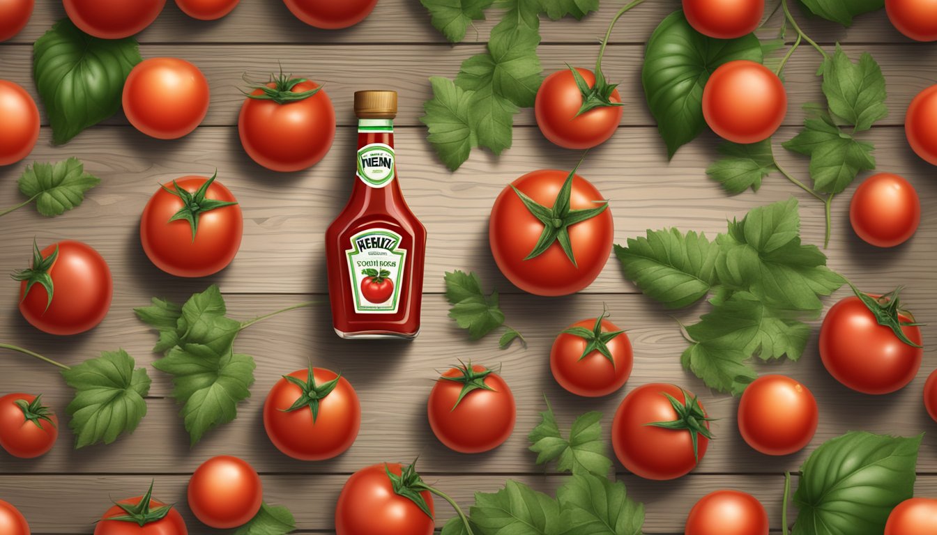 A bottle of Heinz tomato ketchup surrounded by fresh tomatoes and vine leaves on a rustic wooden table