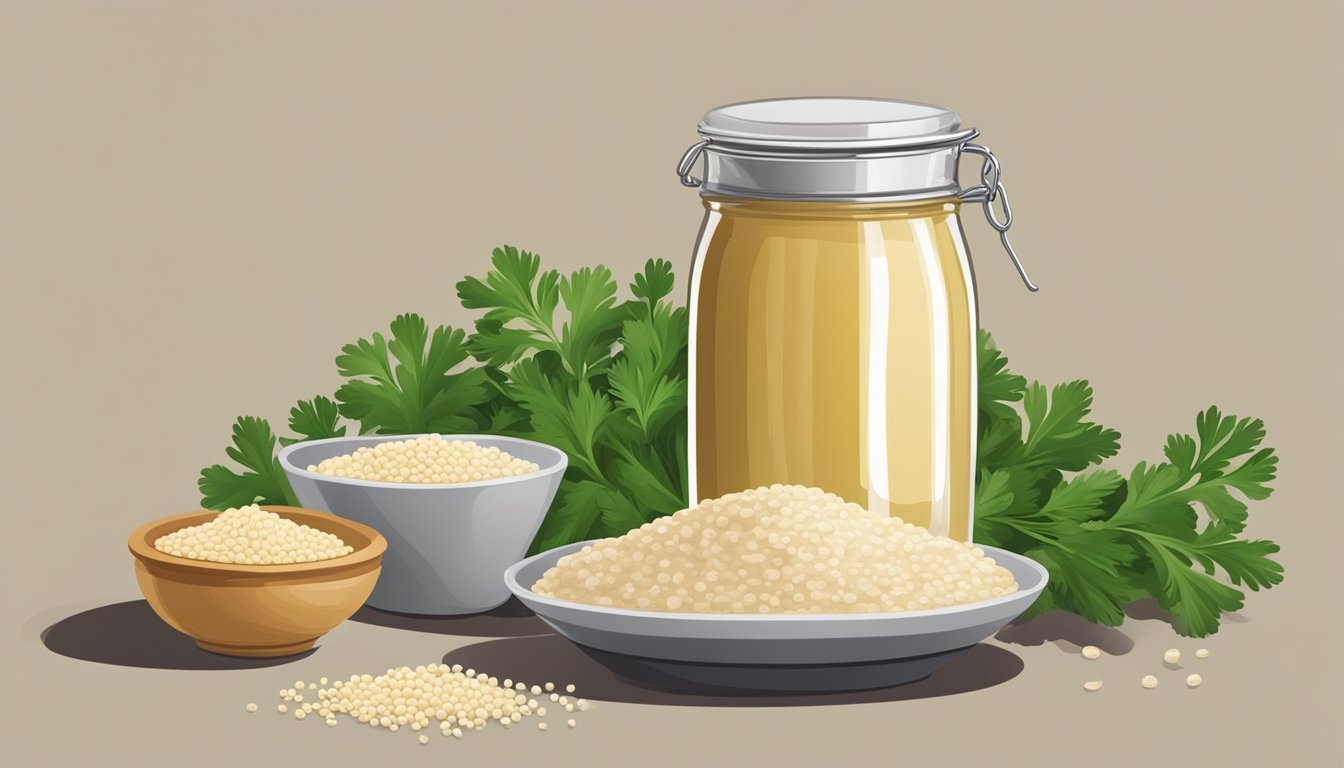 A jar of tahini surrounded by sesame seeds, a sprig of fresh parsley, and a small dish of olive oil