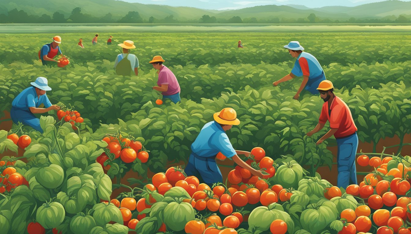 A lush tomato field with workers harvesting and packaging tomatoes, surrounded by clean waterways and wildlife