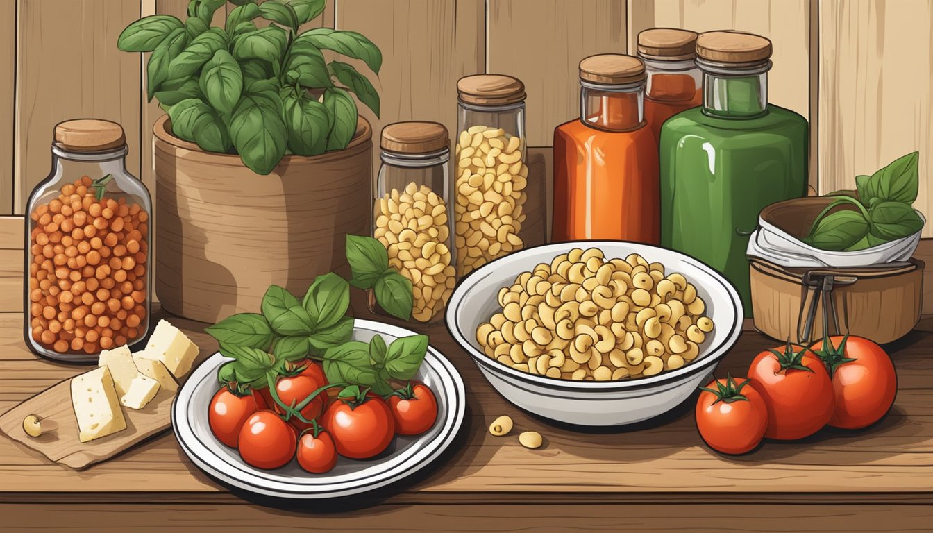 A rustic kitchen scene with a variety of fresh ingredients like tomatoes, basil, garlic, and parmesan cheese, alongside a package of high-quality cavatappi pasta