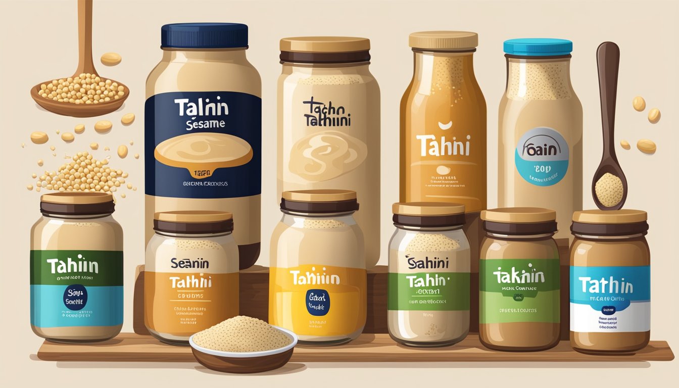 A variety of tahini brands displayed on a wooden table with jars, spoons, and sesame seeds scattered around