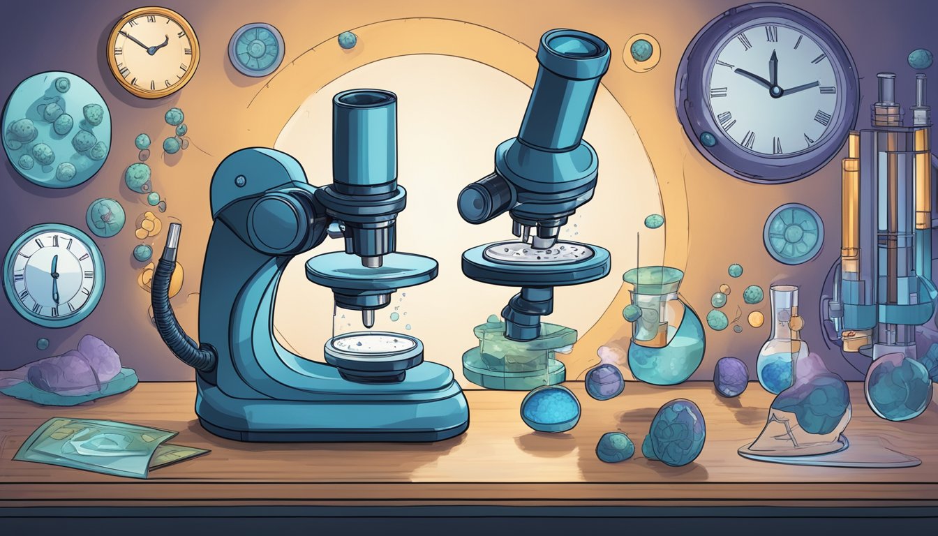 A microscope revealing cellular autophagy process, with a clock showing 16:8 fasting schedule, and various chronic disease symbols in the background