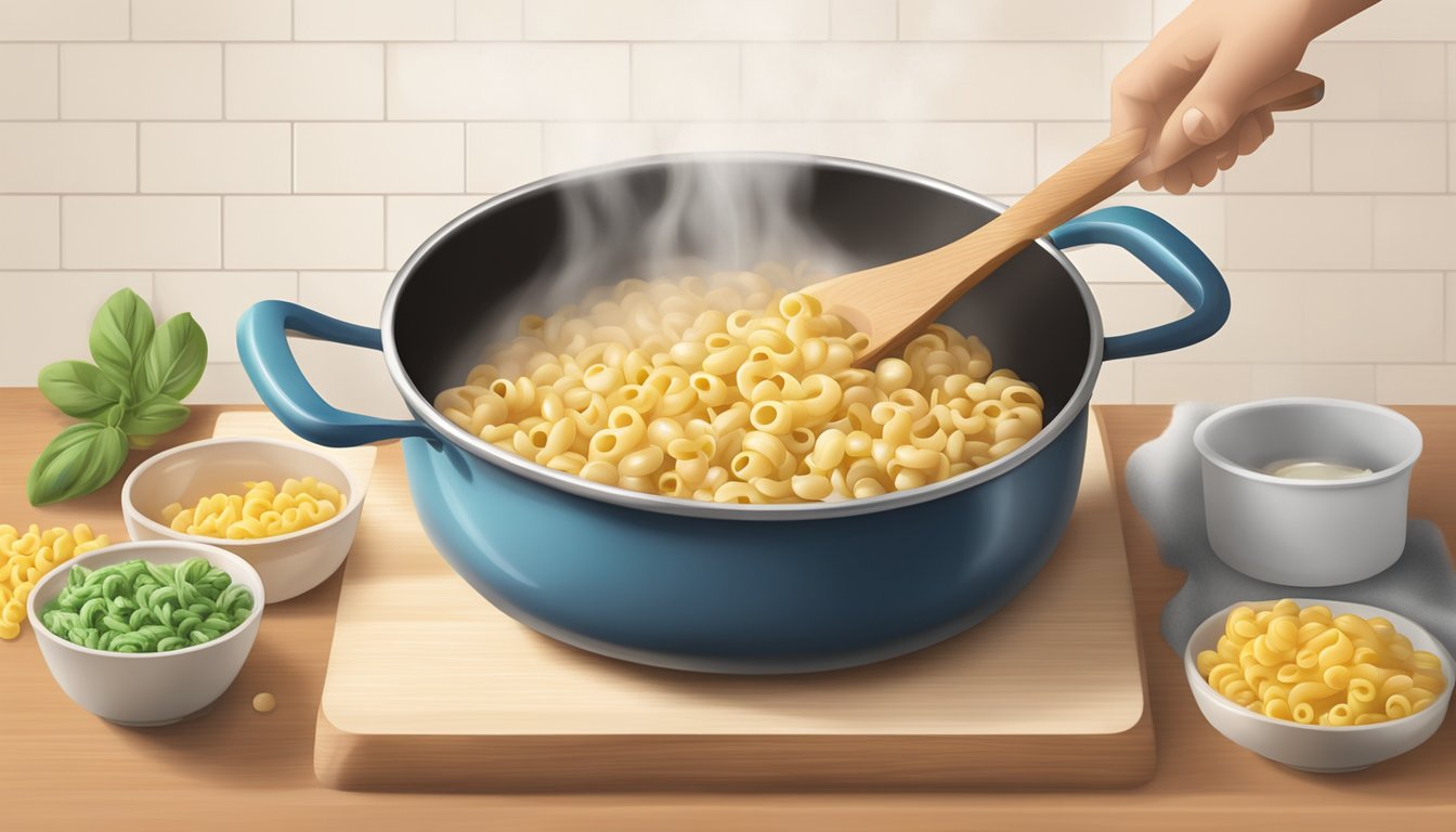 A pot of boiling water with cavatappi pasta being added, a wooden spoon stirring, and steam rising