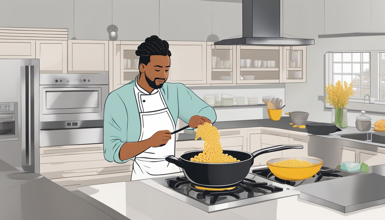 A chef stirring a pot of gluten-free cavatappi pasta in a modern kitchen. Various specialty pasta brands displayed on the counter