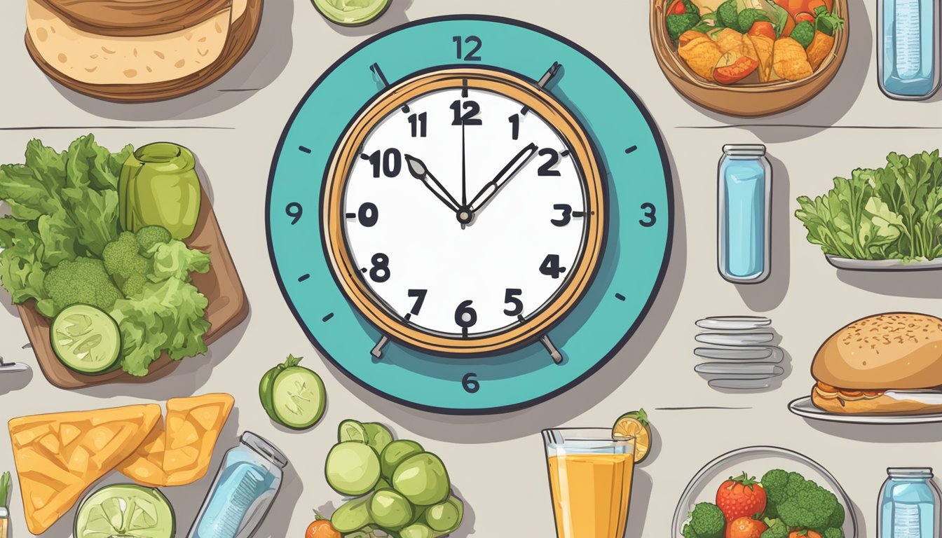 A clock showing 16:8 fasting schedule compared to other intermittent fasting methods. Different food items and water in the background