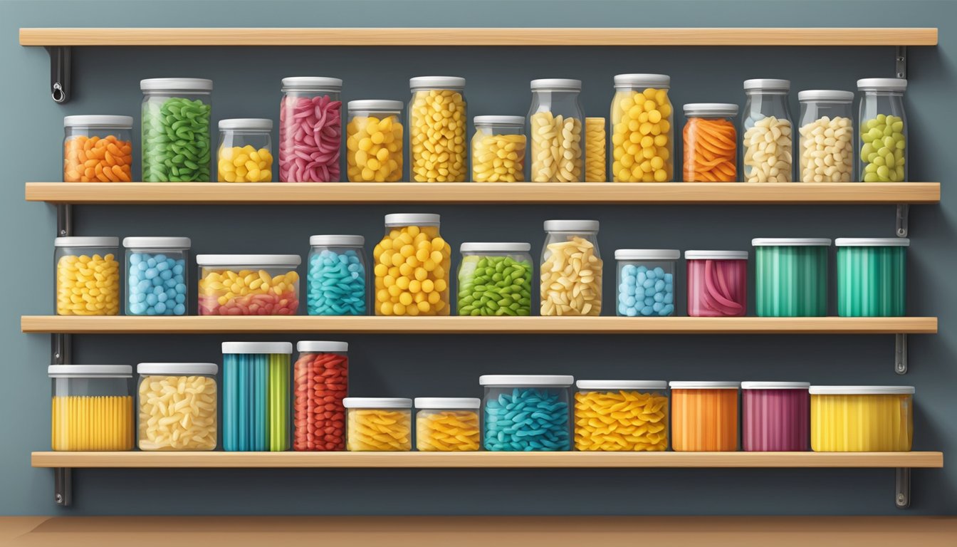 A kitchen shelf with neatly organized rows of colorful Cavatappi pasta packages