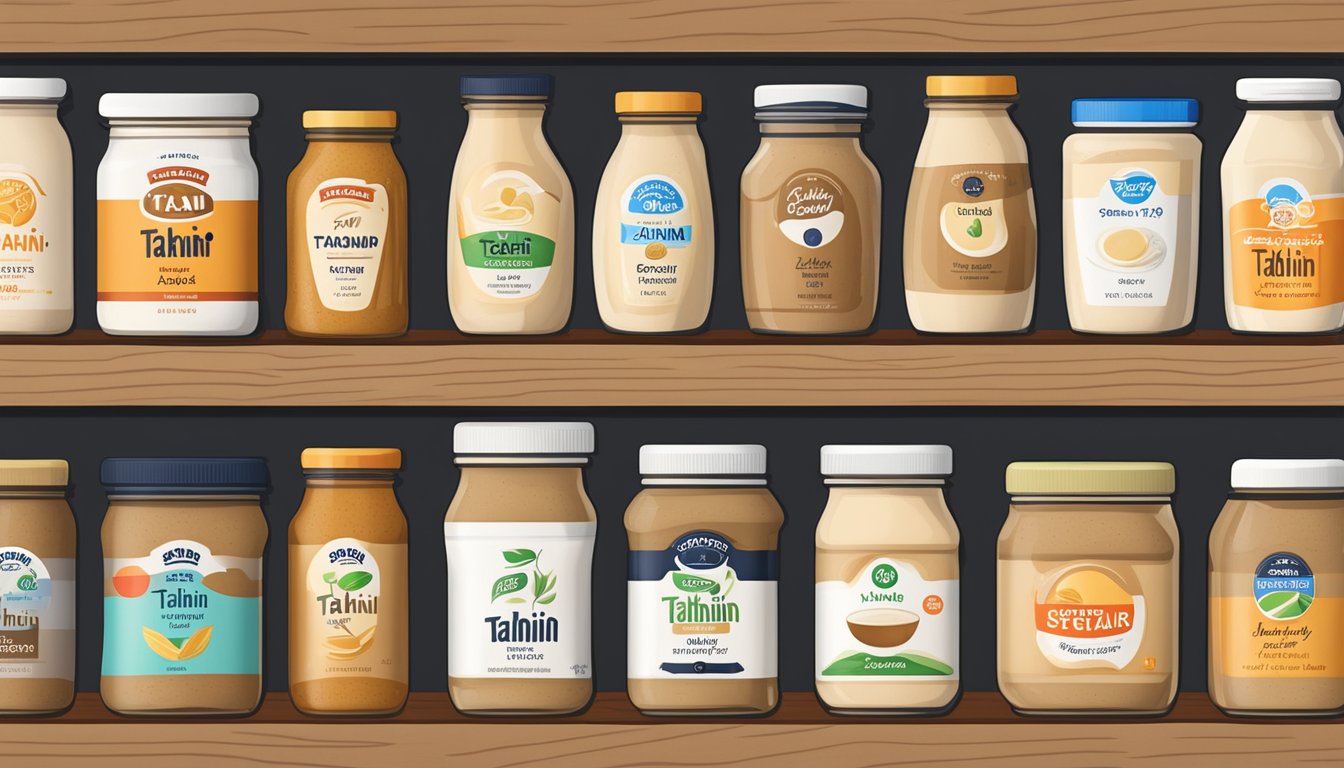 Several jars of top tahini brands neatly arranged on a wooden shelf with a variety of expiration dates