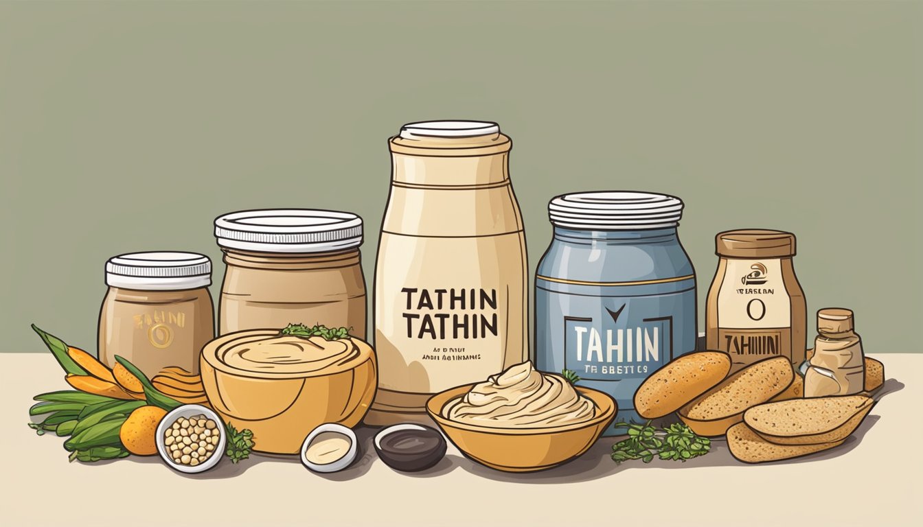 A jar of tahini surrounded by various food items, with the brands of the best tahini displayed prominently