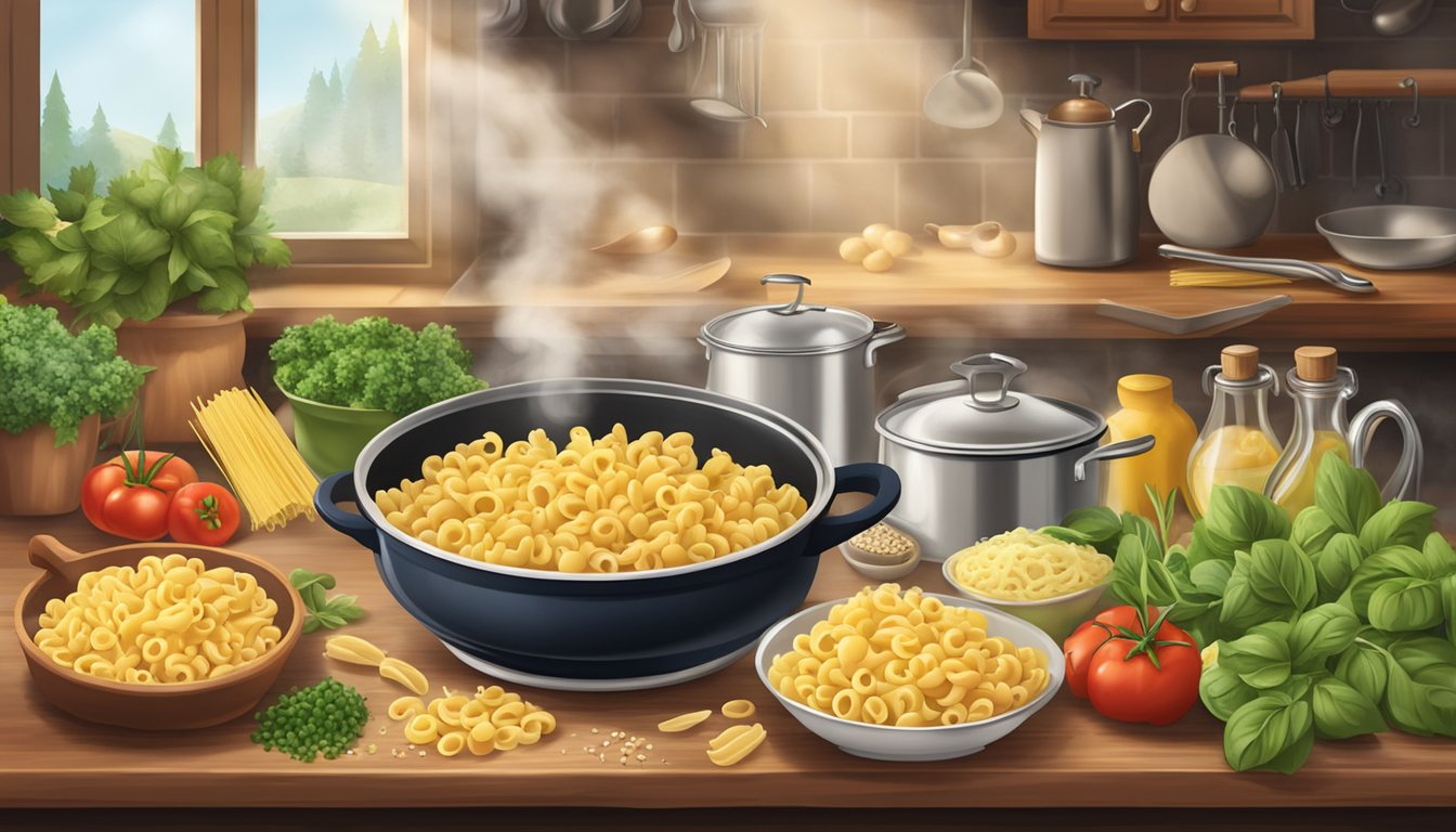 A steaming pot of cavatappi pasta surrounded by fresh ingredients and cooking utensils on a rustic kitchen countertop