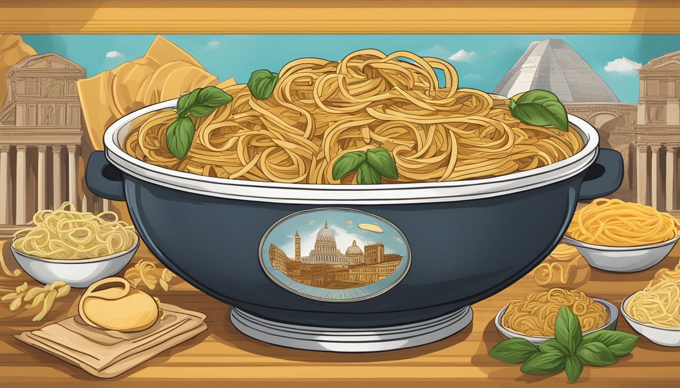 A steaming bowl of linguine surrounded by various types of pasta, with images of historical figures and Italian landmarks in the background