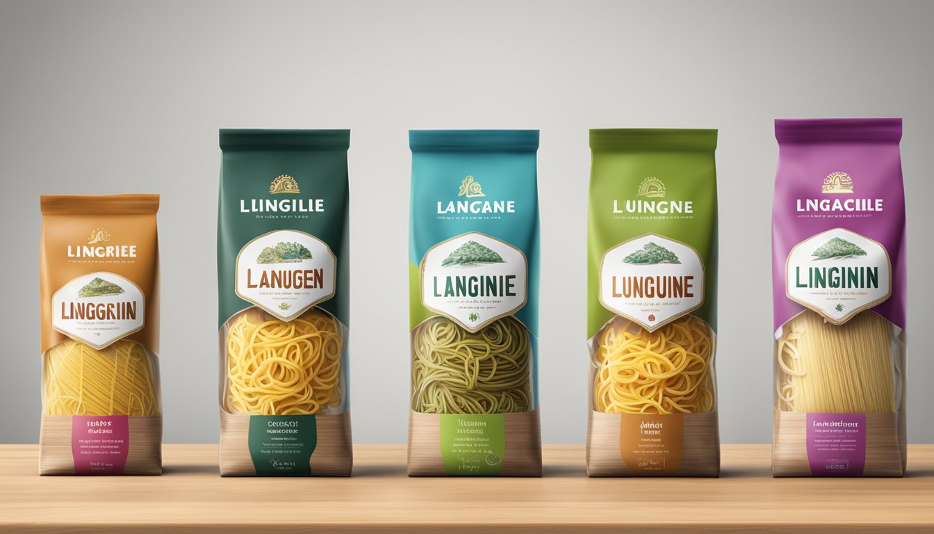 A variety of linguine brands lined up on a wooden table, each package displaying its unique design and label. A steaming pot of boiling water sits in the background