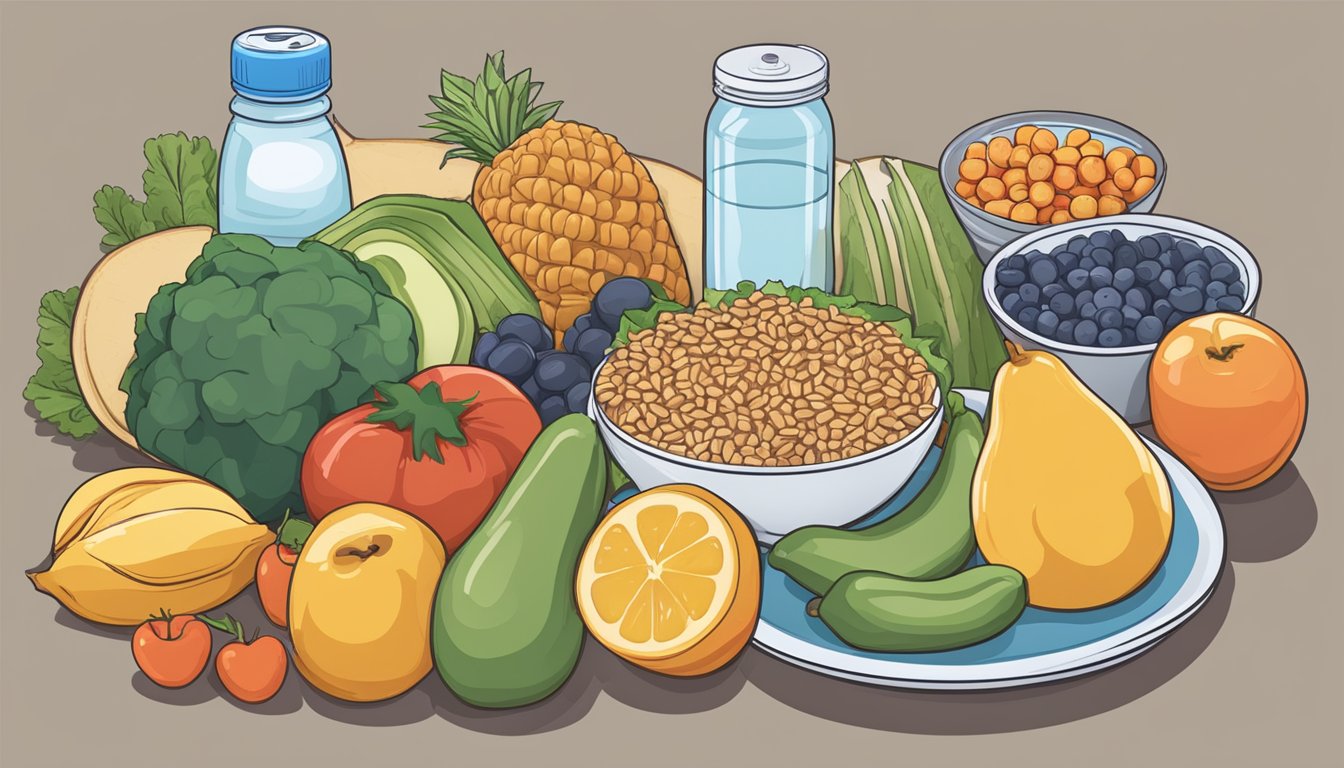 A table set with a balanced meal plan including fruits, vegetables, lean protein, and whole grains. A water bottle and timer indicate the 16:8 fasting schedule