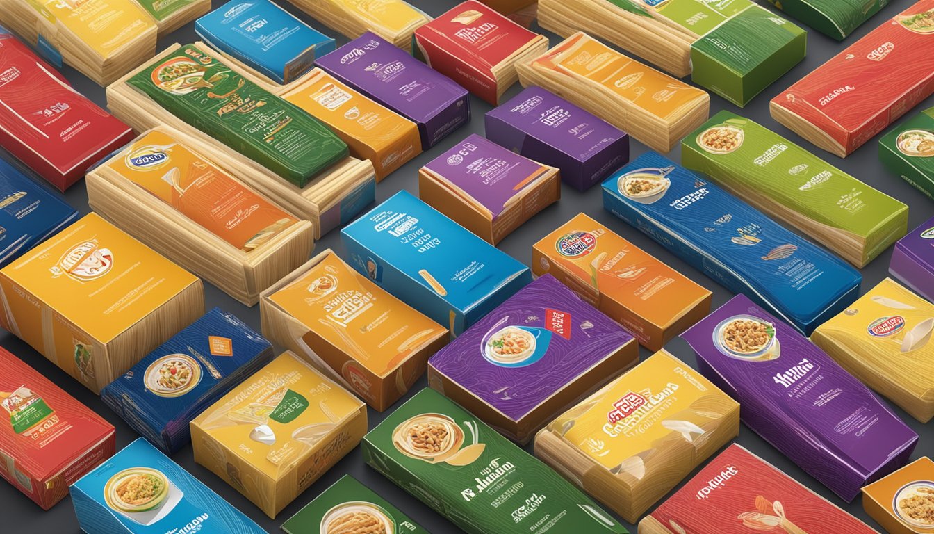 A colorful array of linguine brands arranged on a kitchen countertop, with various packaging designs and logos visible