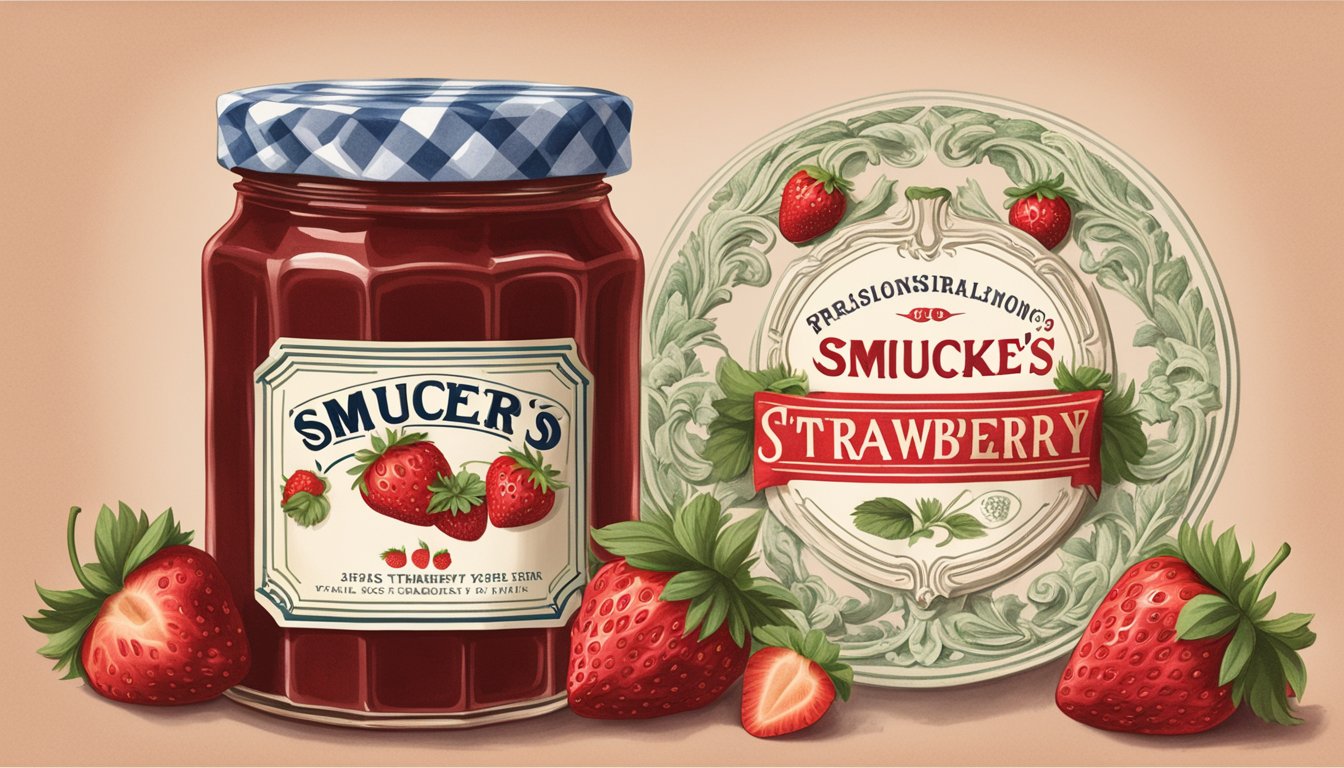 A jar of Smucker's strawberry jam surrounded by fresh strawberries and a vintage label