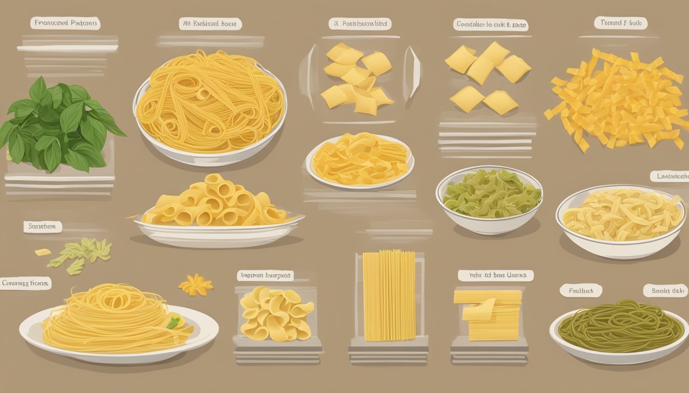 A table with various types of pasta arranged neatly, including linguine, with accompanying labels indicating their best uses