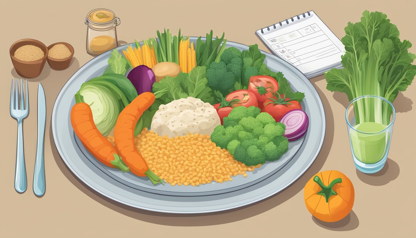 A table set with a balanced meal plan: fresh vegetables, lean proteins, and whole grains, with a clock showing the 16:8 fasting schedule