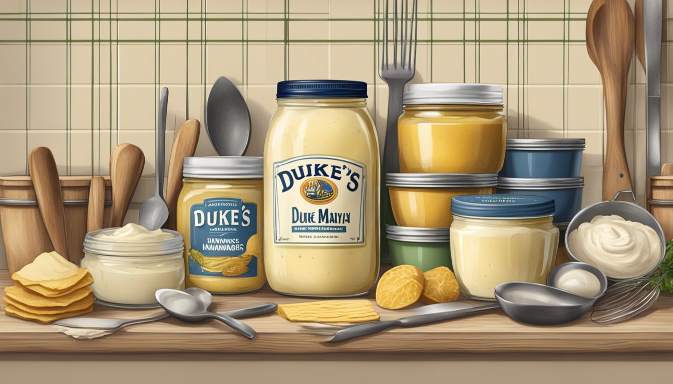 A jar of Duke's Real Mayonnaise surrounded by vintage kitchen utensils and ingredients