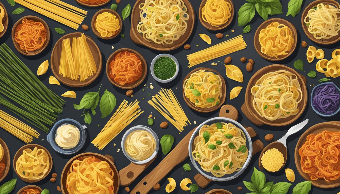 A table with assorted linguine brands, surrounded by colorful pasta ingredients and cooking utensils