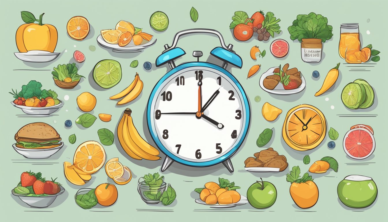 A clock showing 16 hours of fasting, surrounded by healthy food and water, with a list of common mistakes crossed out