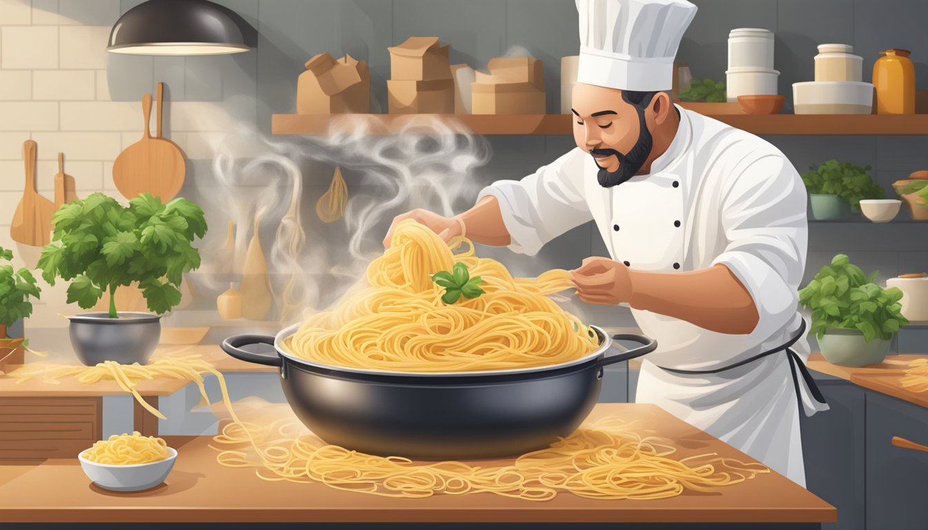 A chef twirls linguine into a pot of boiling water. Packages of different pasta brands are scattered on the counter