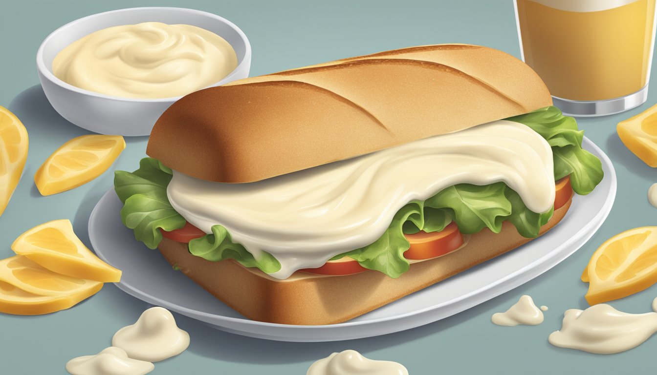 A dollop of creamy mayonnaise being spread onto a sandwich with a smooth, glossy texture