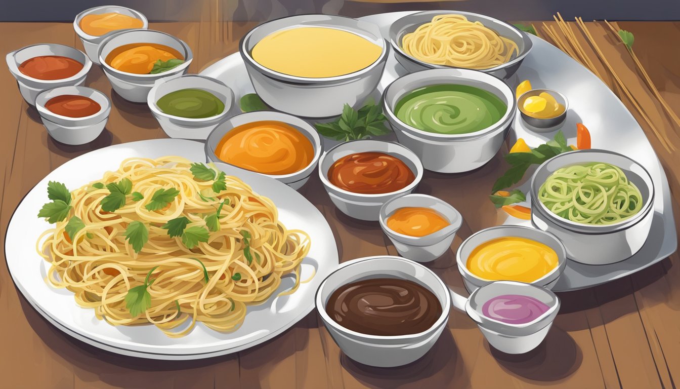 A steaming plate of linguine sits next to a variety of colorful sauces, ready to be paired and enjoyed