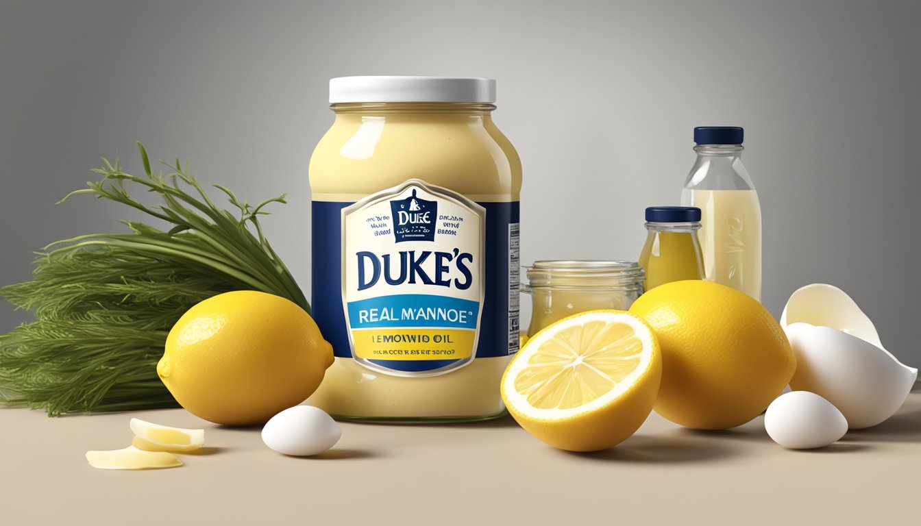 A jar of Duke's Real Mayonnaise surrounded by fresh ingredients like eggs, oil, and lemons, with a nutrition label in the background