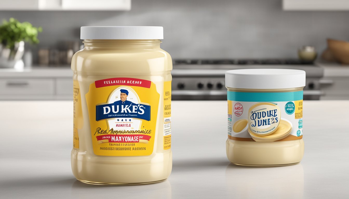 A jar of Duke's Real Mayonnaise sits on a clean, white countertop next to a neatly arranged stack of identical jars