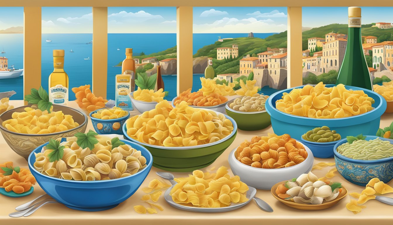 A table with various conchiglie pasta brands displayed in colorful packaging, surrounded by images of Italian coastal landscapes and traditional fishing scenes