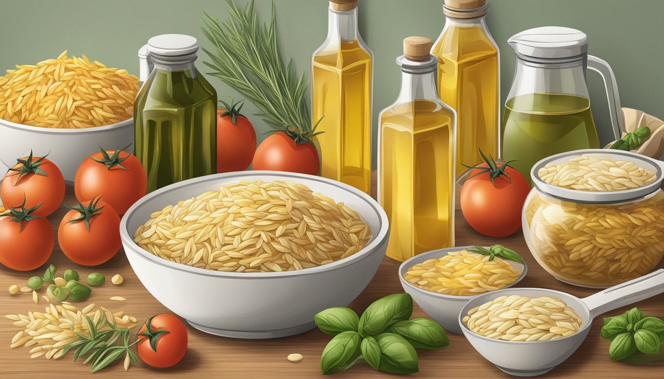 A kitchen counter with various packages of orzo pasta, surrounded by ingredients like tomatoes, herbs, and olive oil