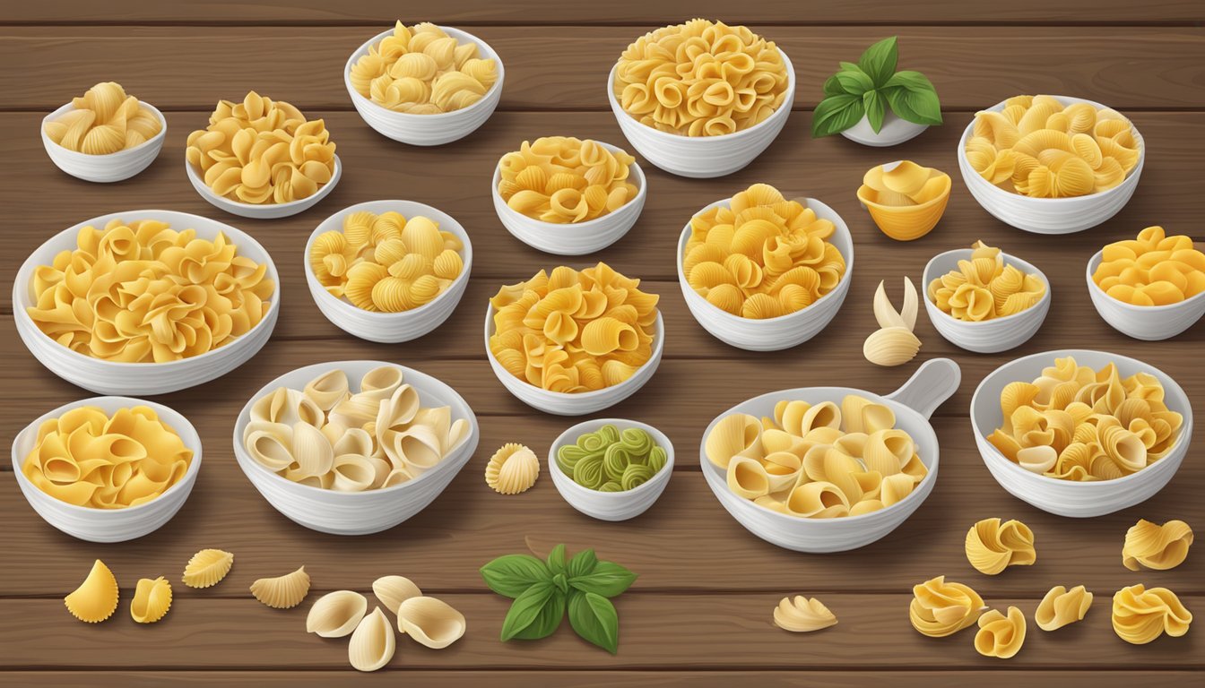 A variety of conchiglie pasta brands arranged on a wooden table with different shapes, sizes, and colors