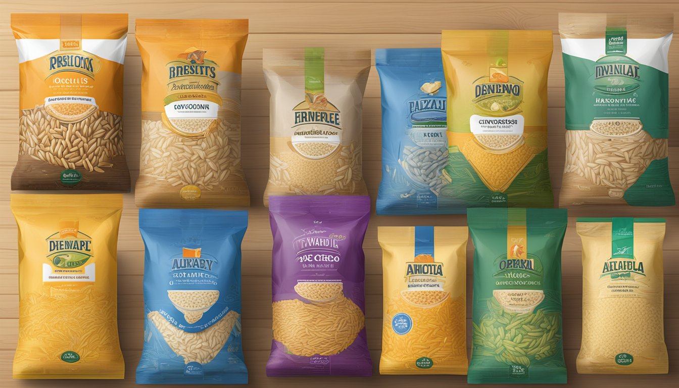 A variety of orzo packages arranged on a wooden table, with different brand logos and packaging designs visible