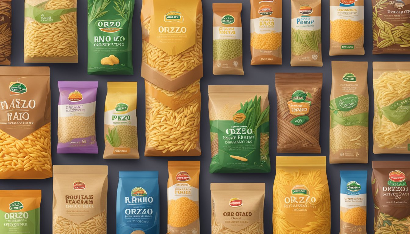 A display of various orzo brands arranged on a wooden table with colorful packaging and different shapes of pasta