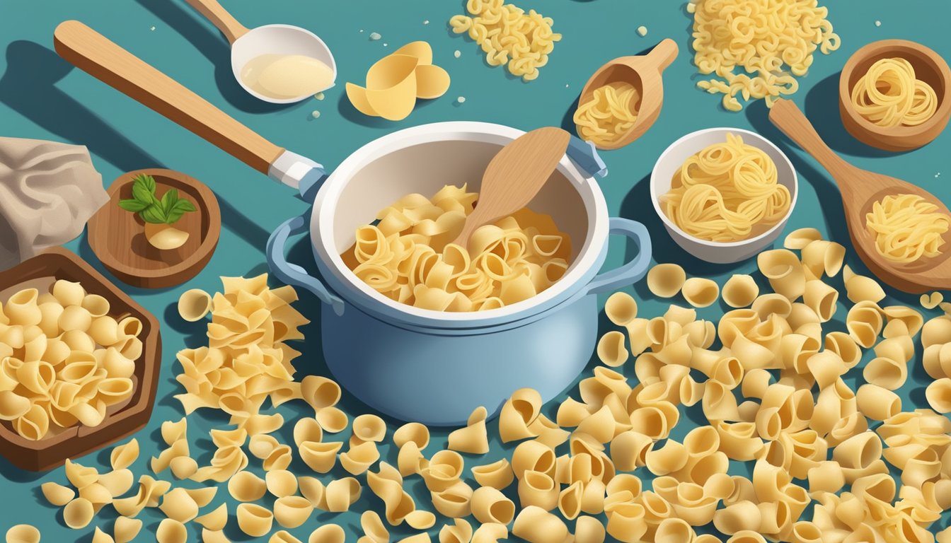 A pot of boiling water with conchiglie pasta cooking inside, a wooden spoon stirring the pasta, and various brands of conchiglie pasta packages scattered around the kitchen counter