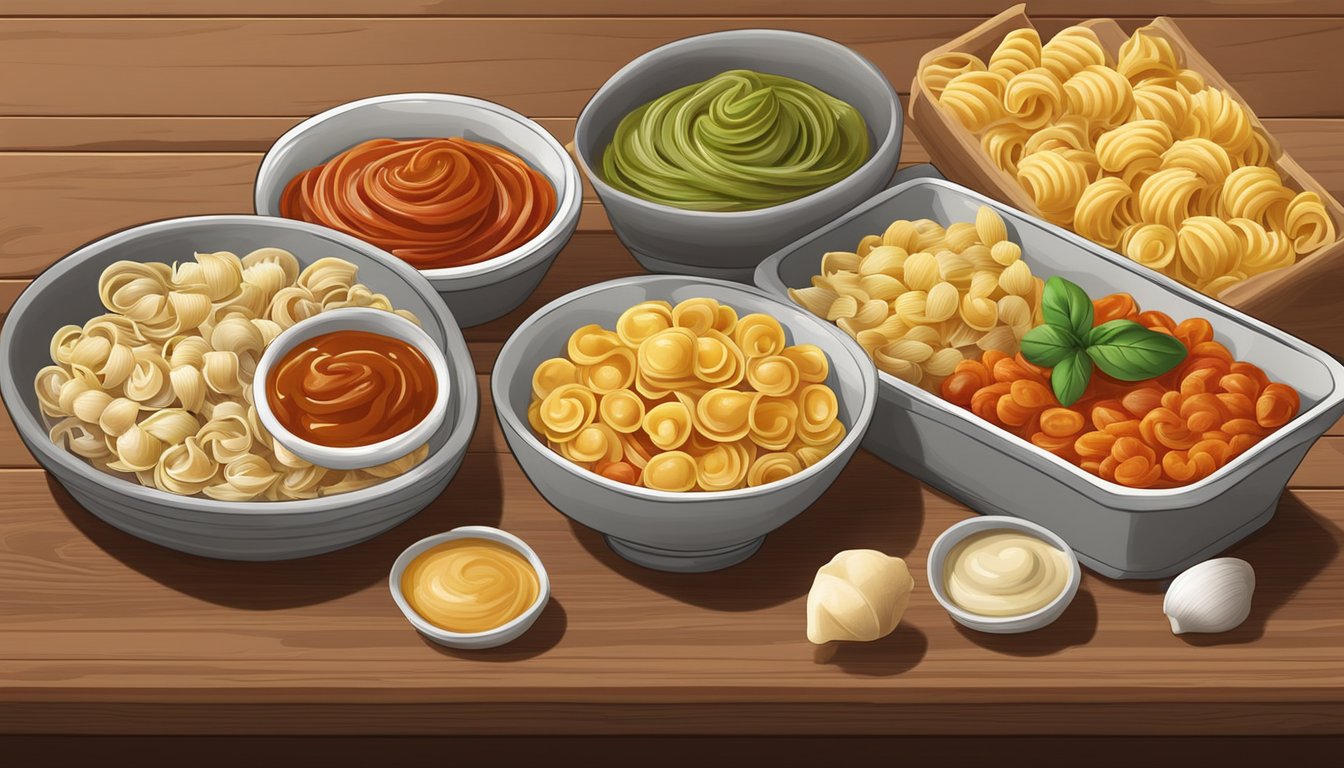 A variety of sauces surround different brands of conchiglie pasta on a wooden table