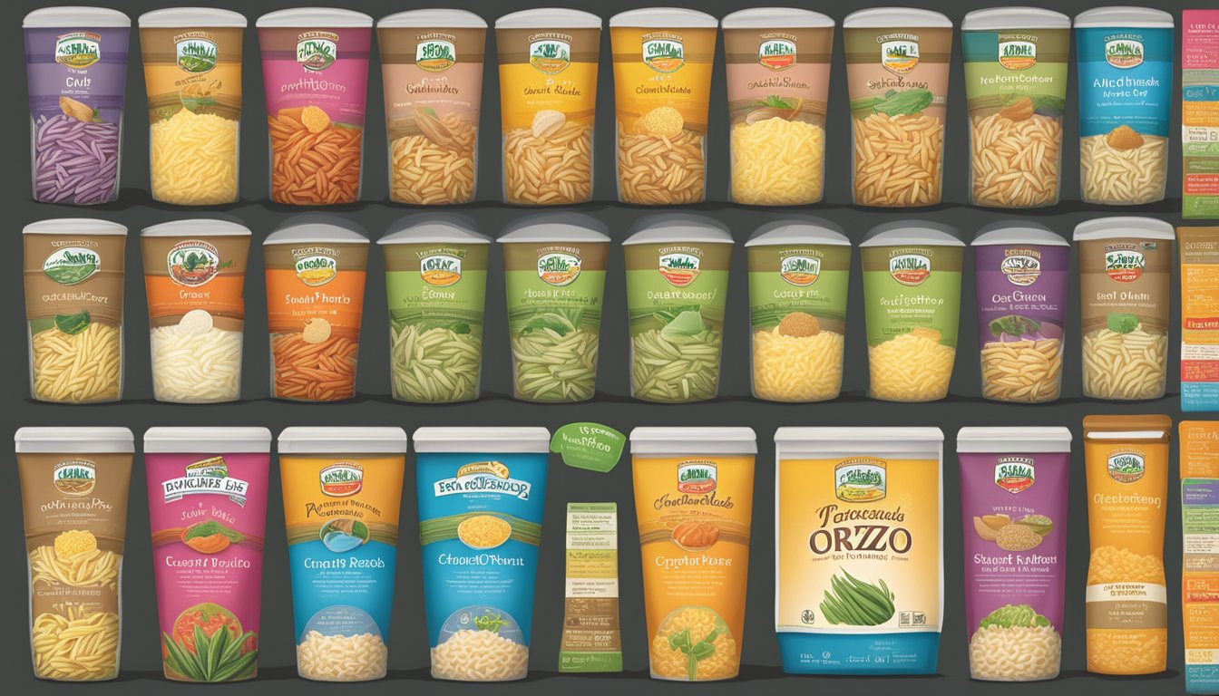 A colorful array of orzo pasta brands with accompanying nutritional labels