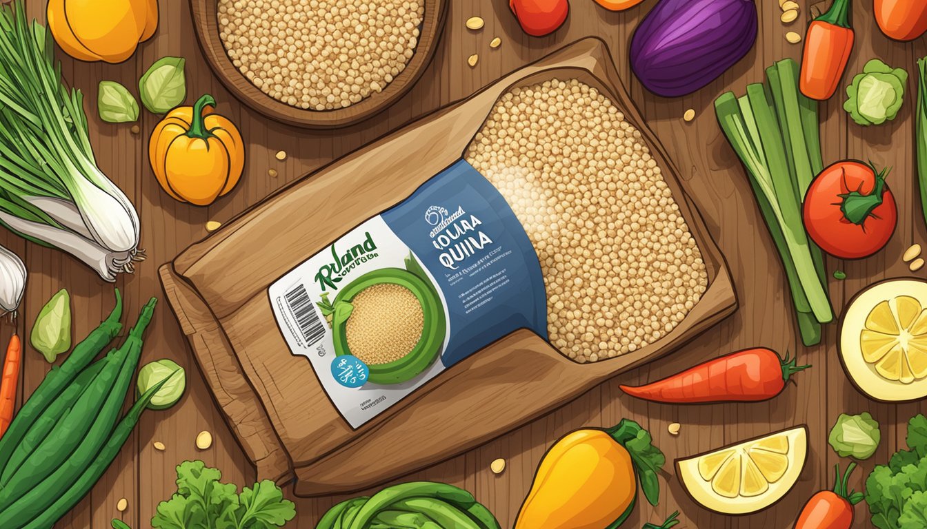 A bag of Roland Organic Quinoa surrounded by colorful, fresh vegetables and grains on a wooden cutting board