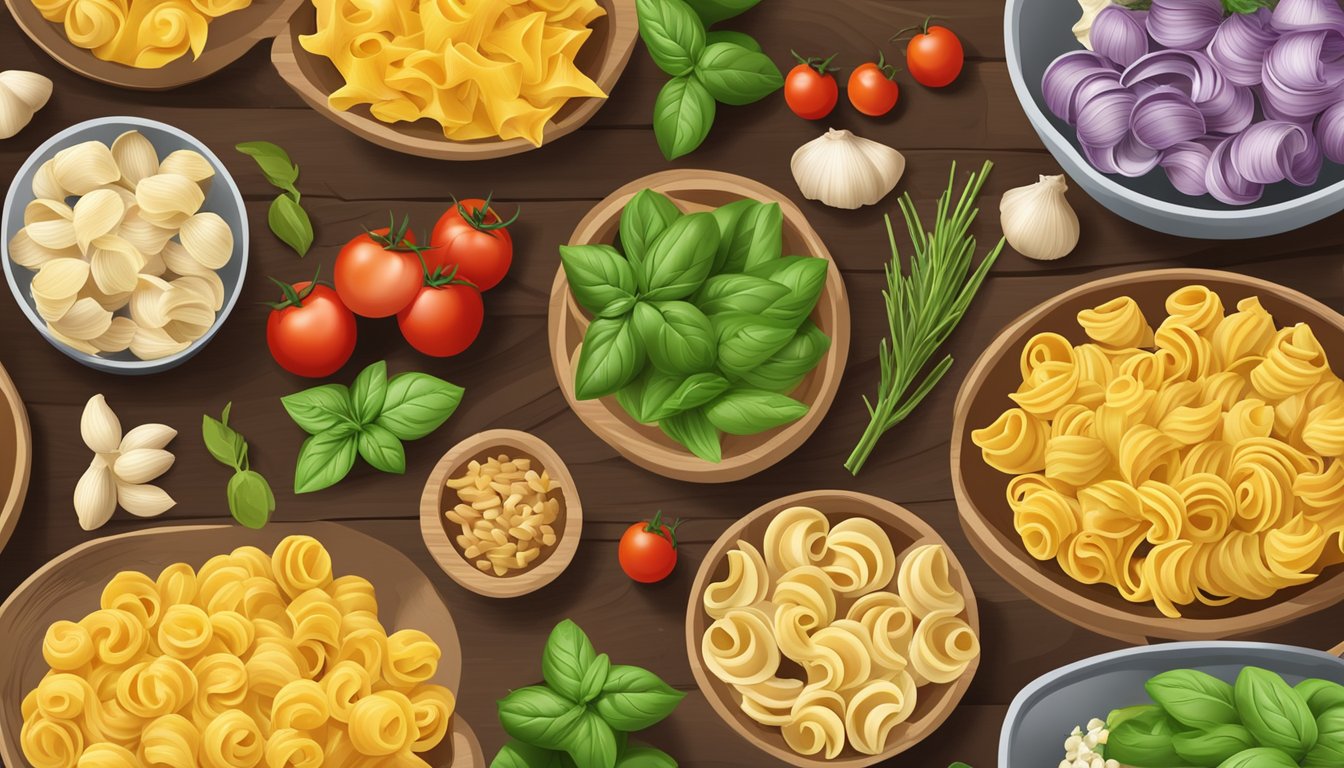 A colorful array of conchiglie pasta from various top brands arranged in a circular pattern on a wooden table, surrounded by fresh ingredients like tomatoes, basil, and garlic