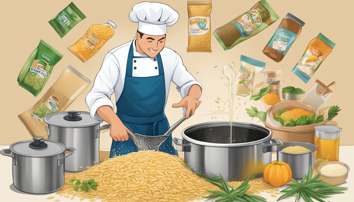 A chef pouring orzo into a boiling pot, surrounded by various brands of orzo packaging